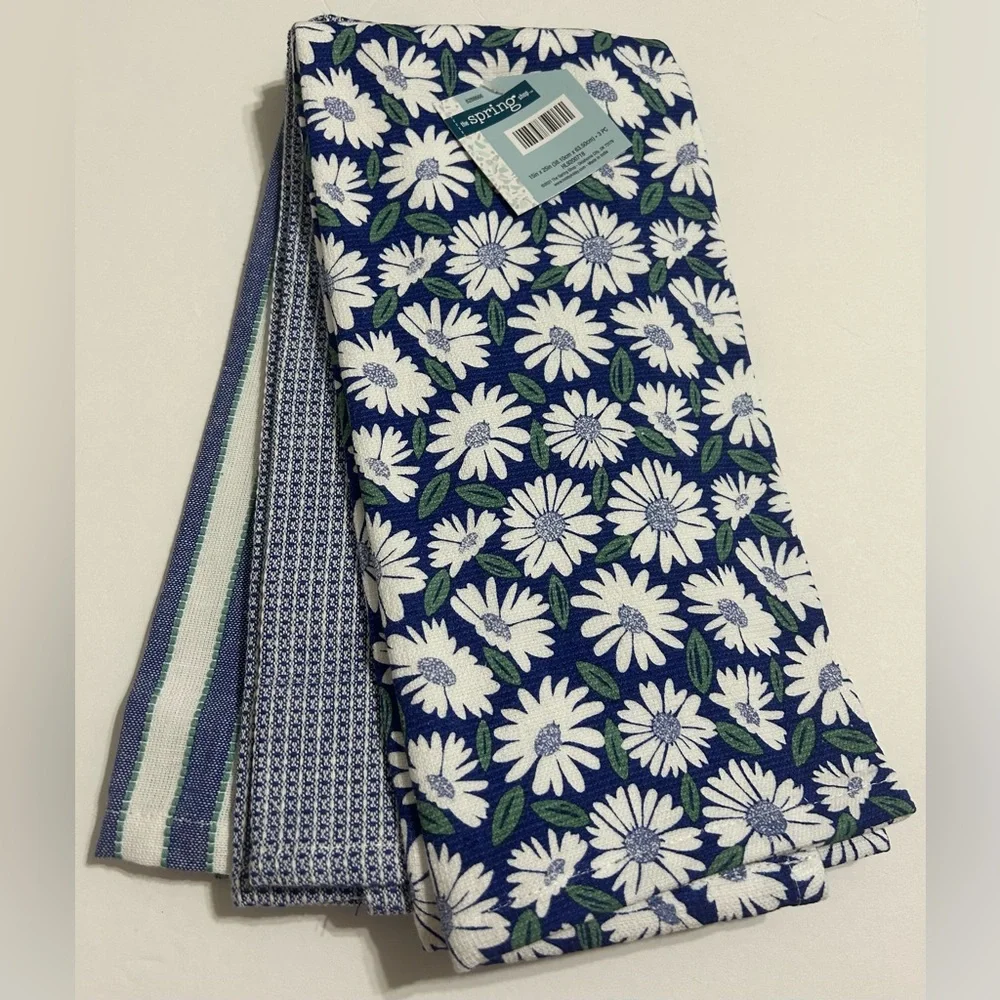 NEW Hobby Lobby Blue Floral & Stripe Kitchen Dish Towels Cotton 15”X25” Set of 3